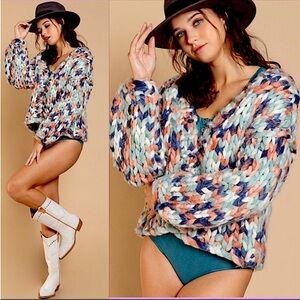 POL chunky hand knot multi color cardigan sweater hand knitted